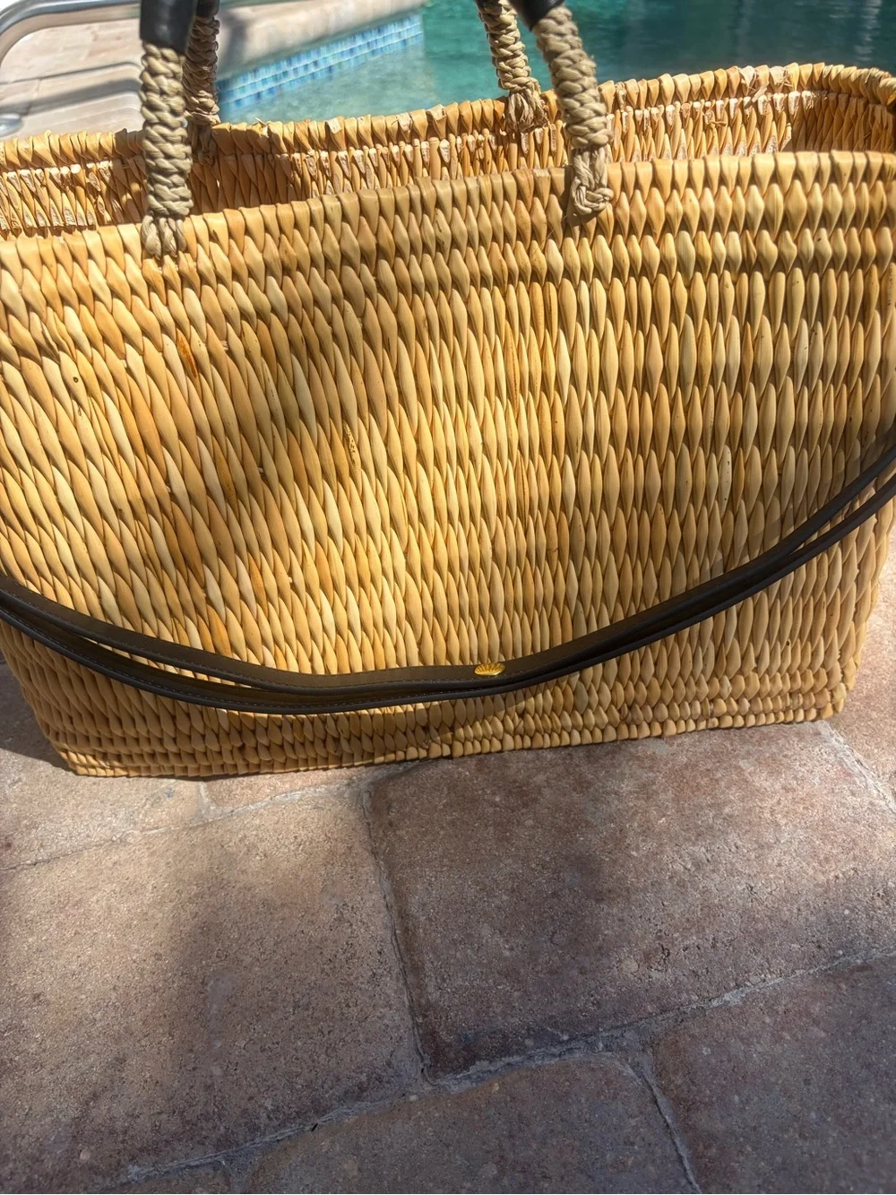 Vintage Wicker Woven Tote with Black Leather Handles